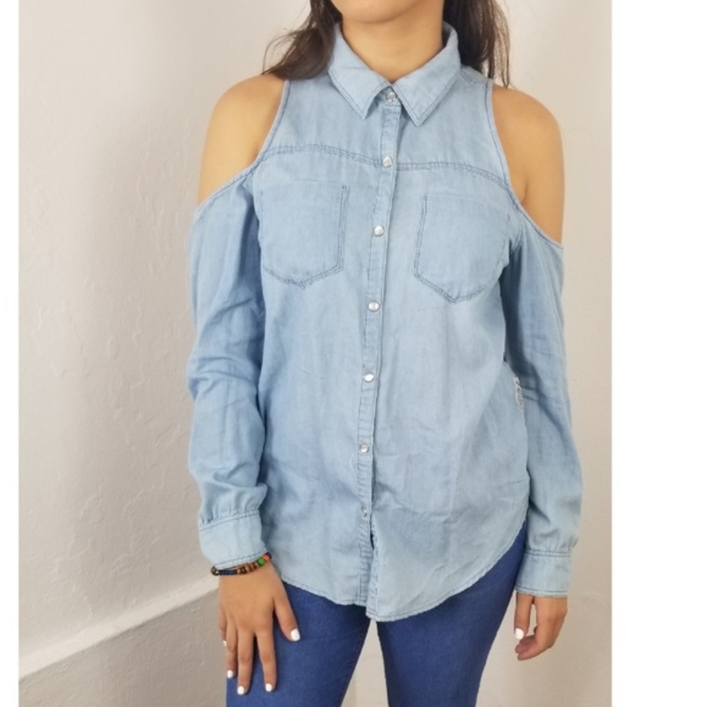 Forever 21 Blue Denim Cold Shoulder Button Shirt